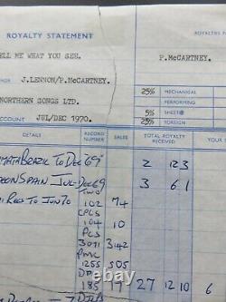 BEATLES LENNON McCARTNEY 1970 ROYALTY STATEMENT FOR TELL ME WHAT YOU SEE