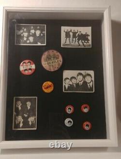 BEATLES Shadow Box Signed Pictures & 7 Pins John Lennon, Paul McCartney