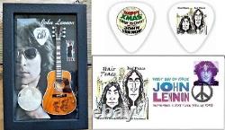 Beatles John Lennon Real Worn Clothing Mini Peace Guitar Display +FDC + Pick #3