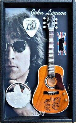 Beatles John Lennon Real Worn Clothing Mini Peace Guitar Display +FDC + Pick #3