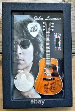 Beatles John Lennon Real Worn Clothing Mini Peace Guitar Display +FDC + Pick #3