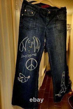 John Lennon Beatles Bleached Painted Hippie Bell Bottoms Lowrise Upcyled SZ 13