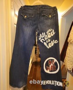 John Lennon Beatles Bleached Painted Hippie Bell Bottoms Lowrise Upcyled SZ 13