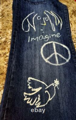 John Lennon Beatles Bleached Painted Hippie Bell Bottoms Lowrise Upcyled SZ 13