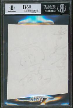 John Lennon Beatles Signed 5x6 Cut Signature with Self Portrait Sketch BAS Slabbed