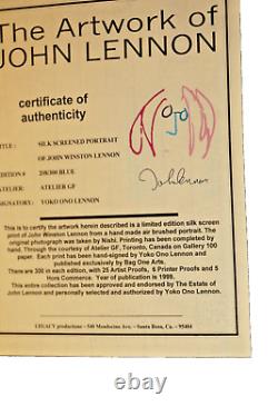 John Lennon- Blue Silkscreen Portrait by Nishi Signed by Yoko Ono LIMITED