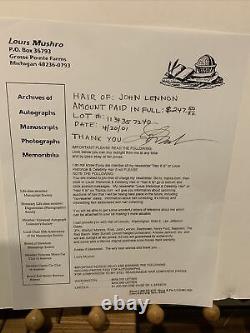 John Lennon Hair Authentic From the Louis Mushro Collection With Signed Receipt