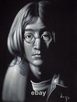 The Beatles John Lennon music Singer legend black velvet oil painting signed Art