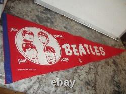 Vintage Beatles red pennant 1964 with John Lennon pin COOL